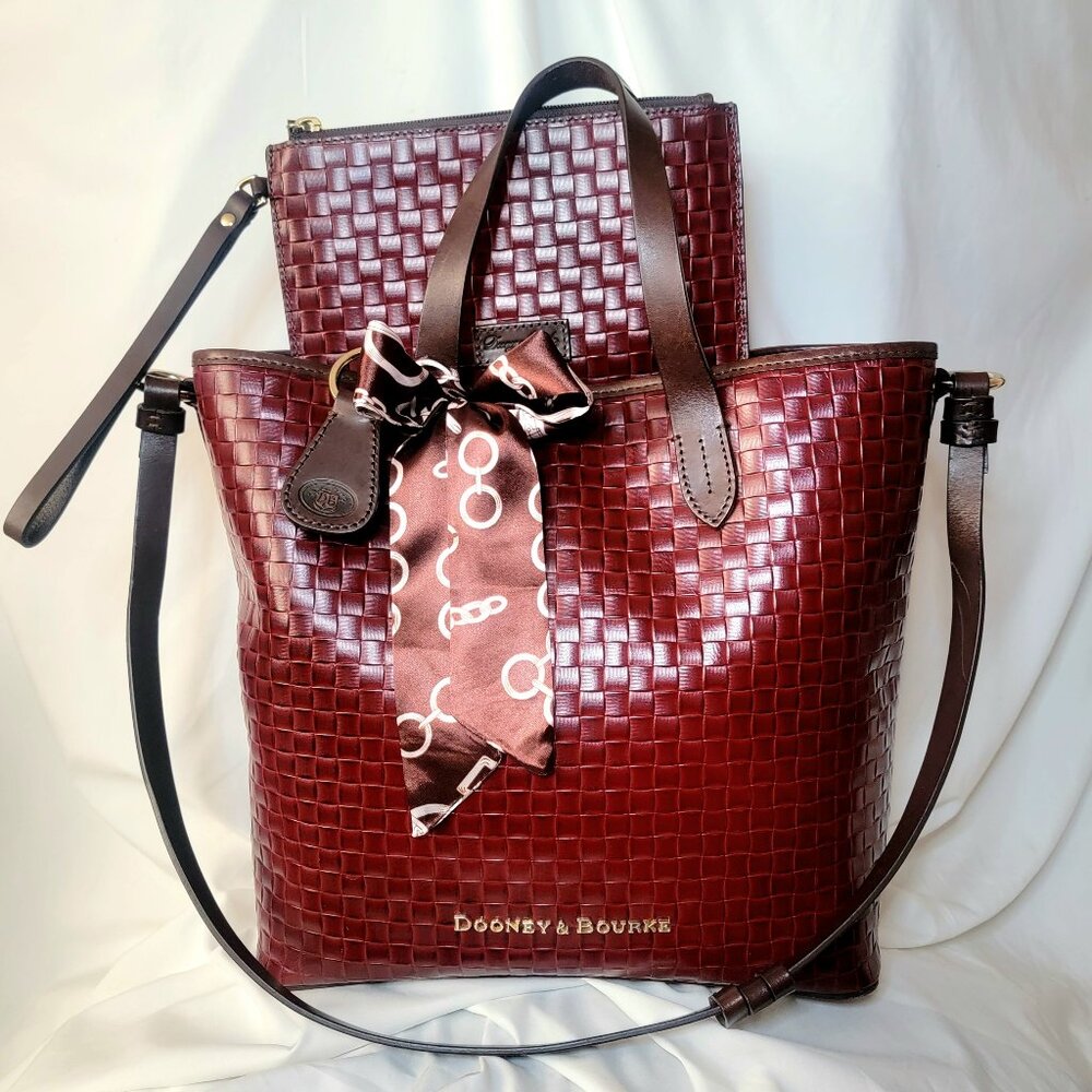 Dooney & Bourke Burgundy Woven 5FER Leather Tote w/ Wristlet Key Fob & Bag Scarf